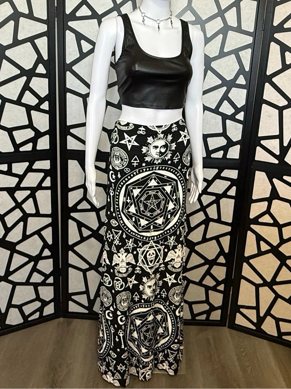 Discontinued Killstar Maxi Skirt - Black and White Occult Print - L